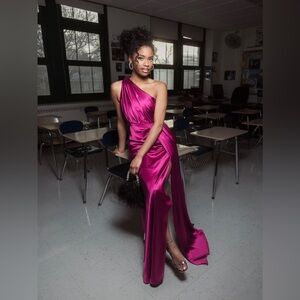 Mac Duggal Gathered One Shoulder Satin Faux Wrap Gown 26654